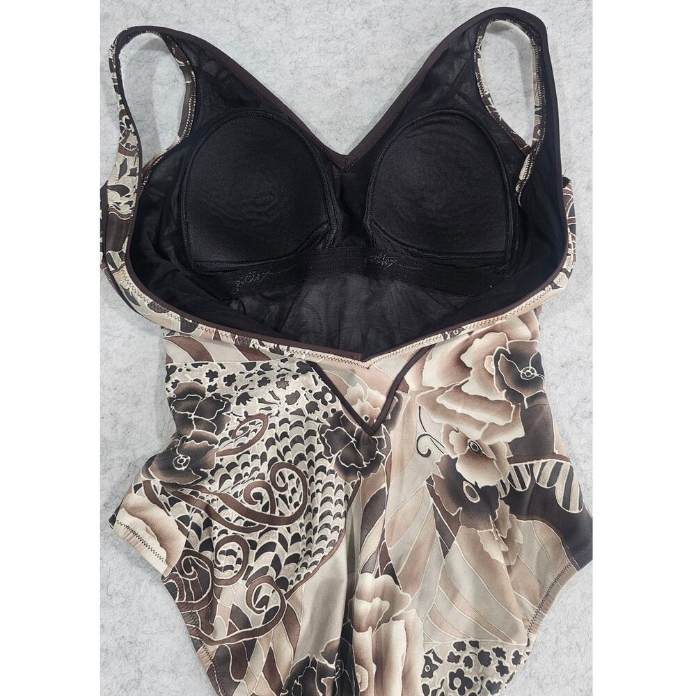 Gottex Floral One Piece Swimsuit V-Neck Brown Beige US 10 Made Israel - Picture 3 of 9